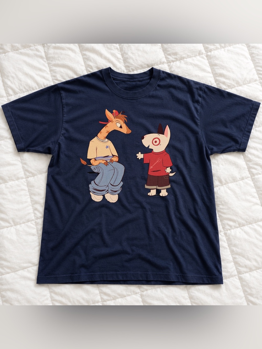 Vintage Navy Graphic Tee with Cartoon Giraffe & Dog